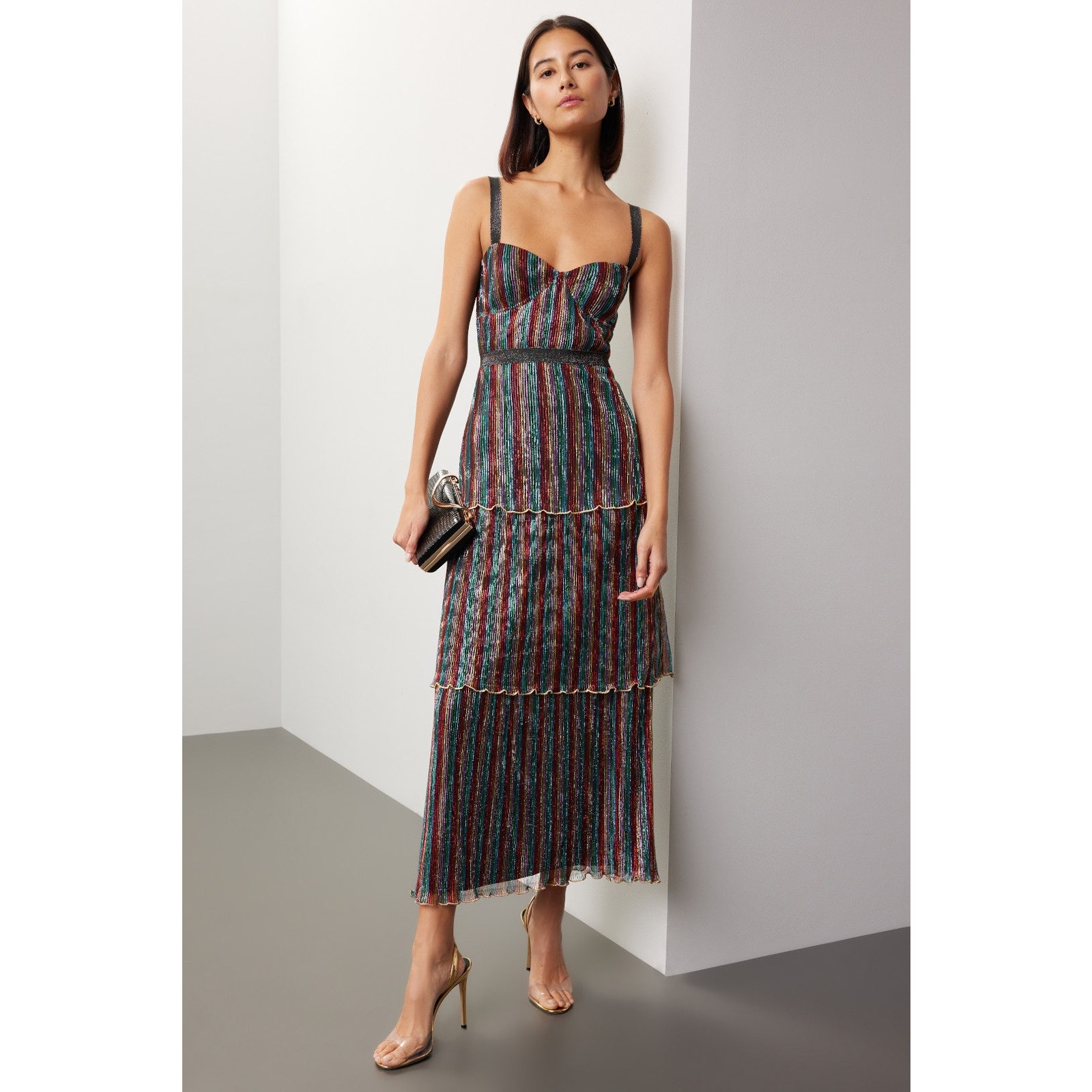 Saylor Aviva Dress (Black Metallic Rainbow Pleated Midi Dress)